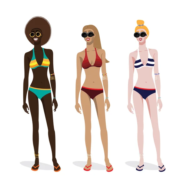 Farklı cilt tipleri bir mayo içinde üç kız. Karanlık, kahverengi, hafif Cilt tonları