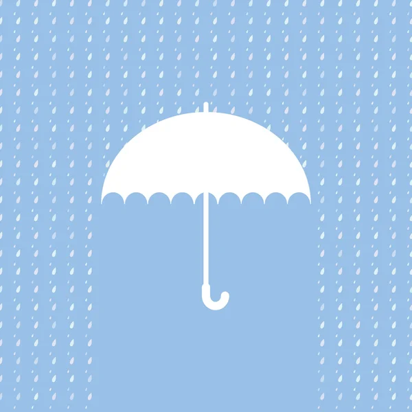 Mavi arka plan beyaz şemsiye sembolü. Yağmur desenli arka plan. Etiket tasarımı.
