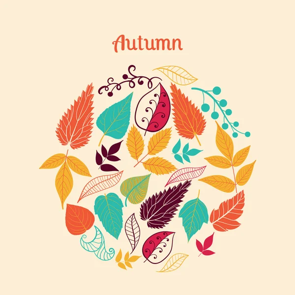 Vector illustration of circle made of leaves. Round shape made of different kinds of leaves.Vintage background. Bright outlines made from leaf things. Lettering — Stock Vector