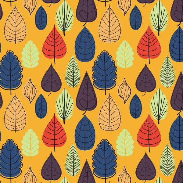 葉をテーマに色のパターン。葉で秋パターン。Web ページの背景テクスチャ、パターンの塗りつぶしの壁紙に使用できます。素晴らしい紅葉のテクスチャ — ストックベクタ