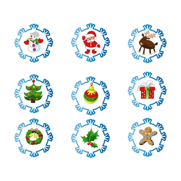 Vector set of christmas icons in cartoon style. Happy new year stickers — Stock Vector