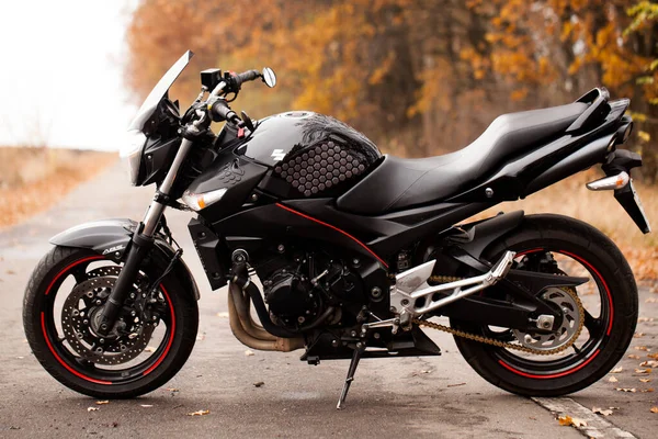 Black Suzuki Gsr600 Motorcycle Nature Stock Photo