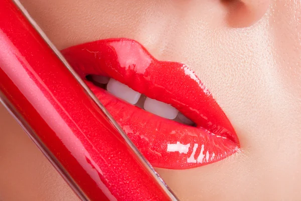 Red lips close-up. — Stock Photo, Image