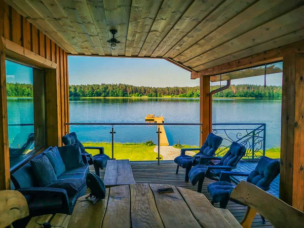 Druskininkai Litva 2020 Romantický Výhled Terasy Letního Domku Jezero Lávkou — Stock fotografie