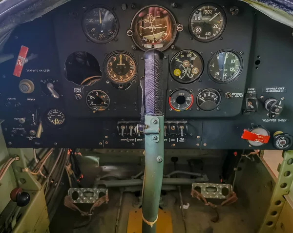 Close up photo of a control panel of an old Soviet fighter plane — Stock Photo, Image