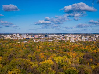 Kaunas manzarası, Litvanya. Sonbaharda şehir merkezinin panoramik manzarası. Hava aracı görüntüsü fotoğrafı