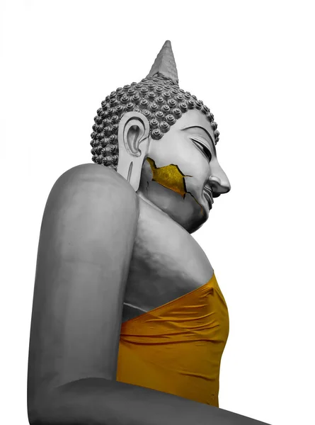 Big Gray Buddha Statue Face Crack Dark Red Background Portrait — Stock Photo, Image