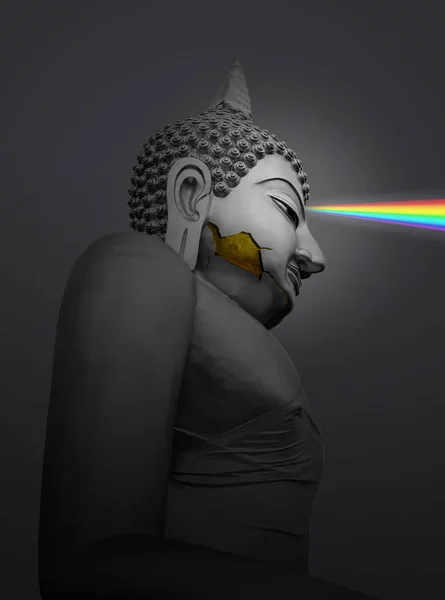 Big Gray Buddha Staty Ansikte Spricka Lysa Regnbåge Ljus Från — Stockfoto