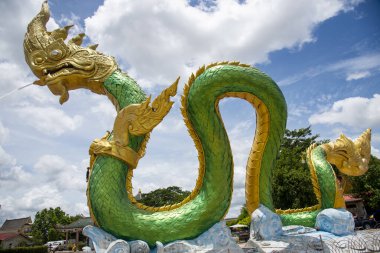 Wat Lamduan Tapınağı, Nong Khai bölgesi Tayland 'daki Mekong Nehri' nde İkiz Yeşil Naga heykeli. En ünlü simge..