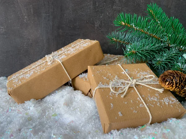 Noel Sürdürülebilir Hediye Kutuları Ağaç Dalları Noel Israfı — Stok fotoğraf