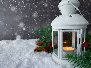 Noel feneri köknar ve karlı ahşap arka planda böğürtlen