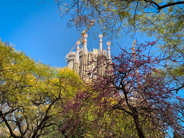 Barcelona, Spain, 11 March 2020 - Cathedral of Sagrada Familia by rchitect Antoni Gaudi. Distant view between trees.