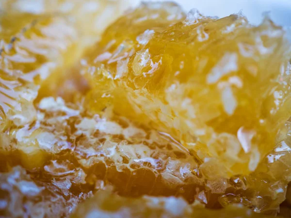 Primer plano de miel dulce en un panal roto en pedazos. —  Fotos de Stock