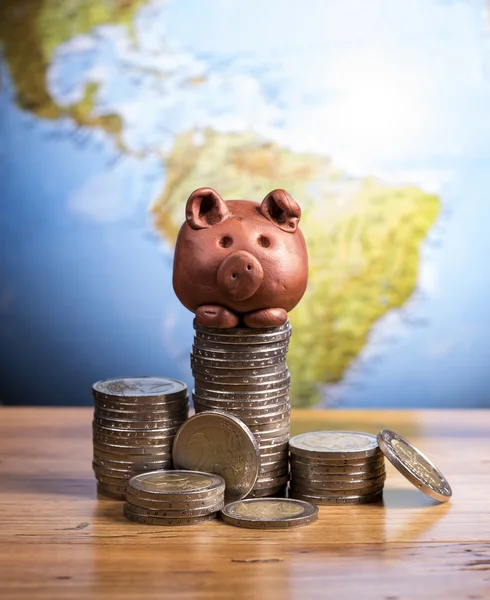 Brown piggy bank and coins — Stock Photo, Image