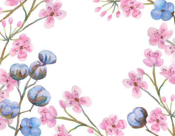 Algodón y flores de cerezo. Marco con lugar vacío para texto. Imagen De Stock