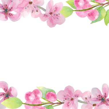 Kiraz çiçekleri ve böğürtlenli tebrik kartı. Metin için boş yeri olan çerçeve. 