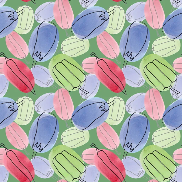 Sömlöst mönster med grönsaker i stil med linart på en grön bakgrund. — Stockfoto