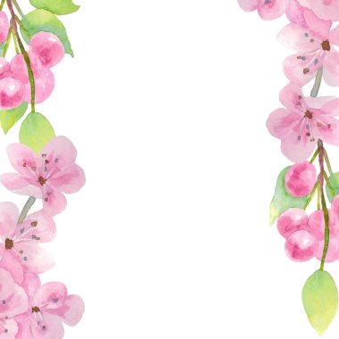 Kiraz çiçekleri ve böğürtlenli tebrik kartı. Metin için boş yeri olan çerçeve. 