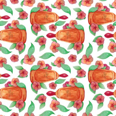 Bir şişe parfüm, güzel bir koku. Kusursuz desen. Parfüm ve çiçeklerle. 