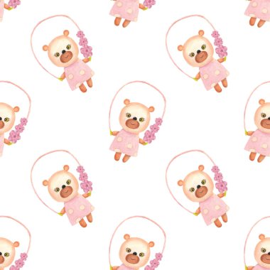 İpte zıplayan küçük bir ayı. Beyaz arkaplan ile kusursuz desen. 