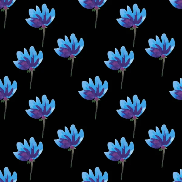 Бесшовный непрерывный узор, голубые цветы на черном фоне. — стоковое фото