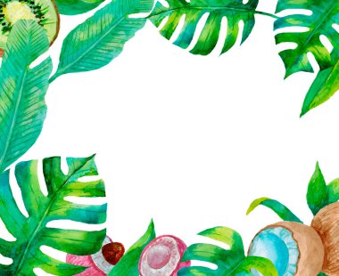 Tropikal yapraklar ve meyvelerle çerçevelenmiş. Metin için boş alan.