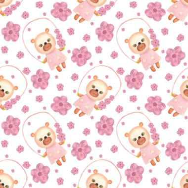 Ayı yavrusu ve pembe çiçekler. Beyaz arkaplan ile kusursuz desen. 