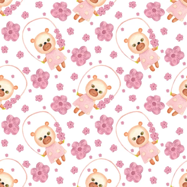 Filhote de urso e flores cor de rosa. Padrão sem costura com fundo branco. — Fotografia de Stock