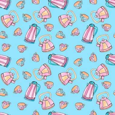 Mutfak aletlerinde kusursuz desen var. Çaydanlıklar ve kupalar..