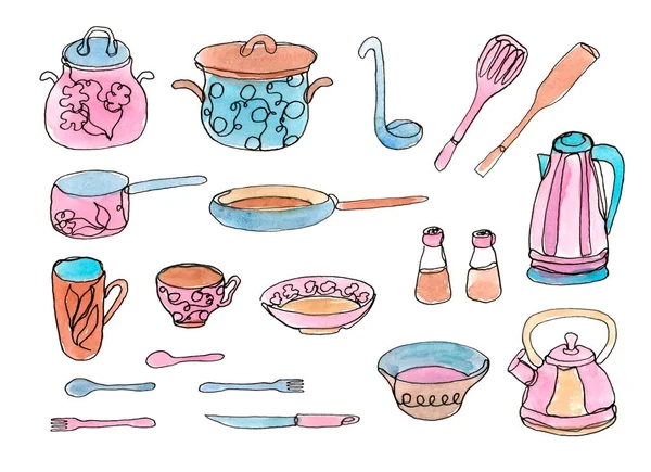 Set of kitchen tools, cooking utensils, kitchen ware.
