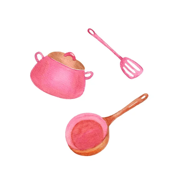 Rosafarbener Topf, Pfanne und Spachtel. Set von Kochutensilien, Geschirr. — Stockfoto