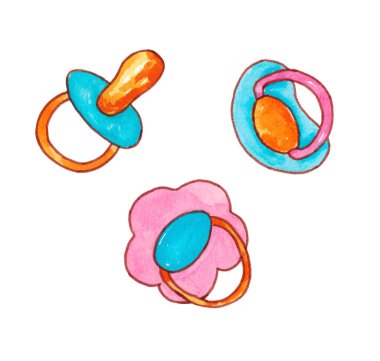 Yeni doğanlar için bir takım eşyalar. Beyaz arka planda izole edilmiş bebek meme uçları..