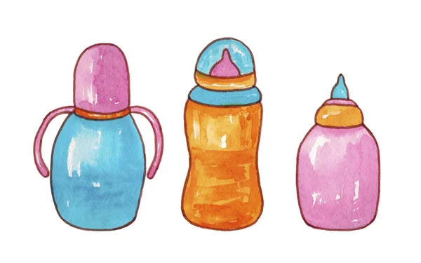 Набір пляшок для новонароджених. Дитячі пляшки, ізольовані на білому тлі . — стокове фото