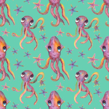 Kusursuz desen. Turkuaz bir zemin üzerinde mürekkep balığı ve ahtapot..