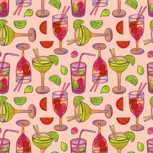 Naadloos patroon met cocktails met rietjes en fruit. — Stockfoto