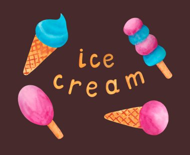 Dondurma külahı. Çubukta dondurma. Suluboya çizimleri..