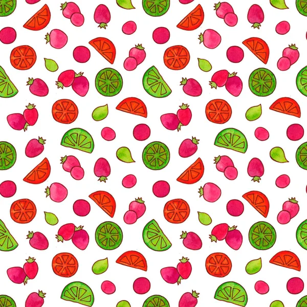 Seamless background with strawberries and limes. Berries and citrus fruits. — Stock Photo, Image