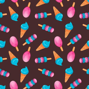 Kahverengi arka planda dondurması olan kusursuz bir desen. Donmuş tatlı..