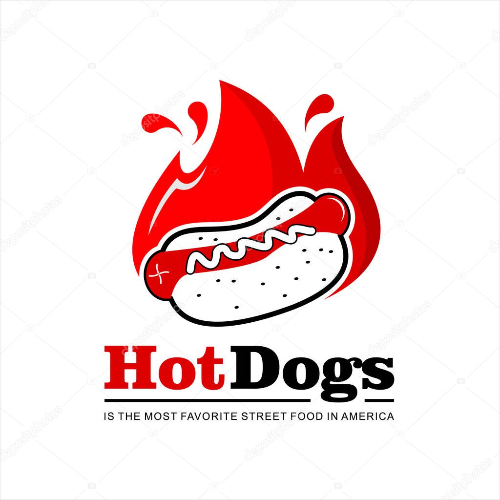 Hot dog bun logo design template. American street food recipes with grilled sausage label or sticker ideas