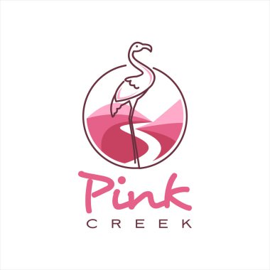 Dere logosu basit pembe vadi çizgisi Flamingo kuş doğası vektör tasarımı ilham şablonu