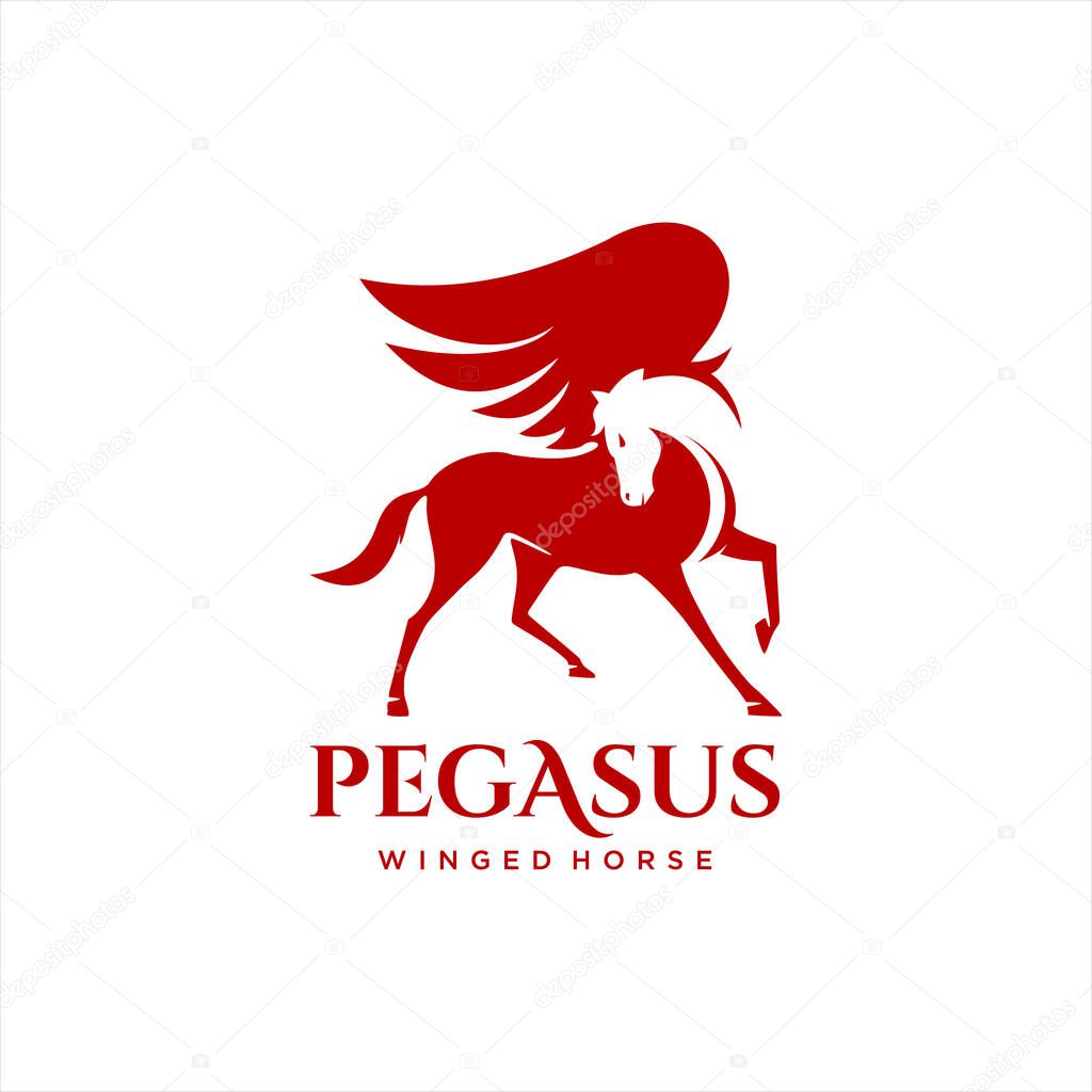 Winged horse Pegasus simple vector illustration. flat red mascot logo design template. Greek heraldic mythology creature print art inspiration