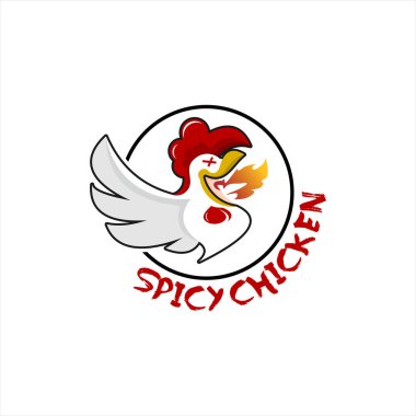 Çizgi film amblemi tavuk logosu tasarım şablonu. Acı ve baharatlı kızarmış tavuk etiketi.