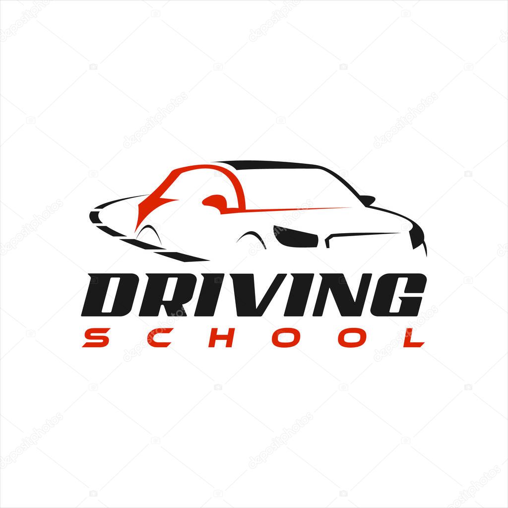 Driving School Logo Design with Modern Car Silhouette Vector Automotive Illustration Template