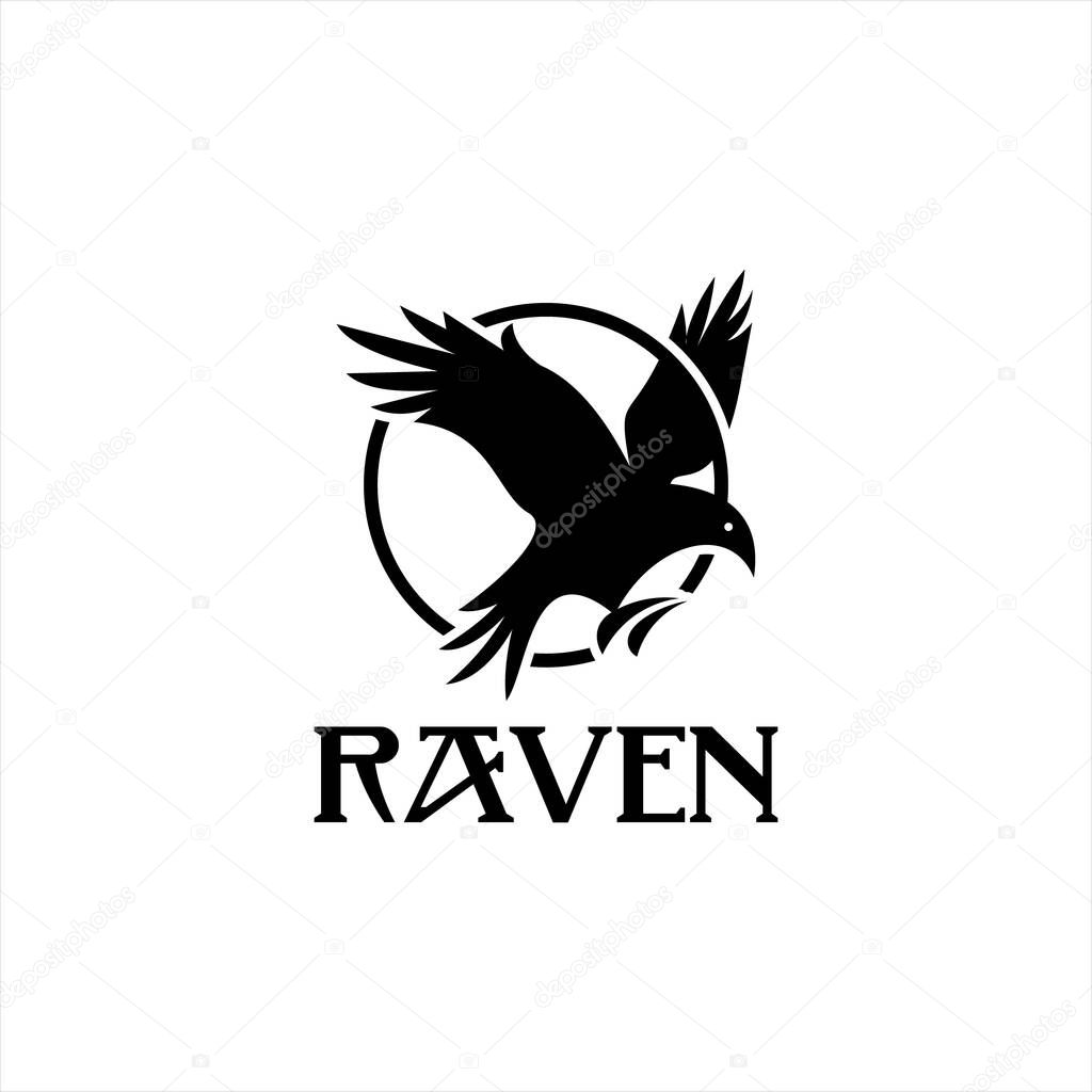 Flying Crow Logo Design Raven Vector, Black Bird in Circle Frame Illustration Template