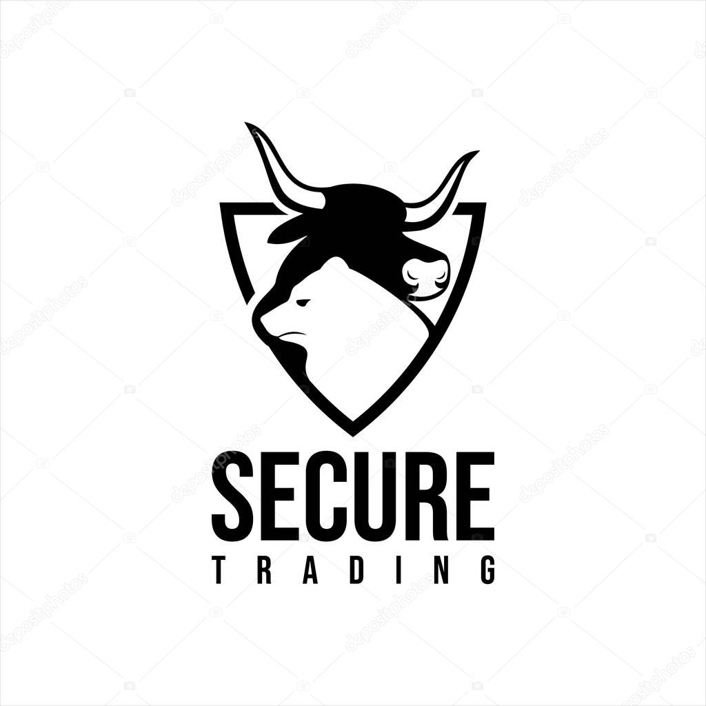 Bear and bull trading logo template, modern animal vector silhouette with shield for secure business or finance design template inspiration