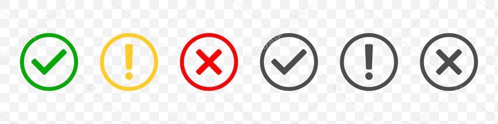 Check mark icons. Modern label icons check mark on transparent background. Tick sign, exclamation mark and cross icons. Yes and No symbols. Trendy style. Vector illustration