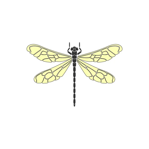 Vážka Černá Vážky Žlutými Křídly Bílém Pozadí Plochý Ikona Siluety — Stockový vektor