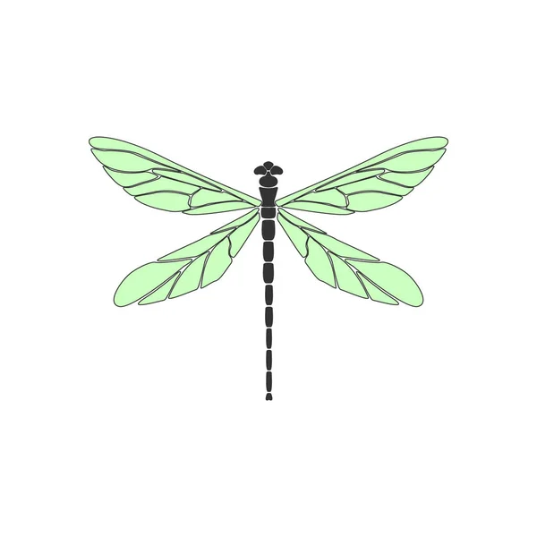 Dragonfly Libellule Noire Avec Des Ailes Vertes Sur Fond Blanc — Image vectorielle
