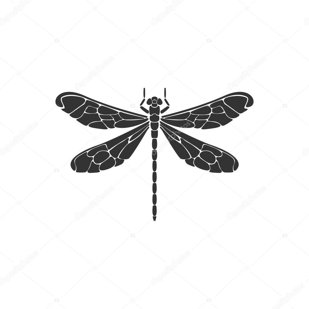 Dragonfly icon. Black dragonfly sign on white background. Flat design. Silhouette icon. Vector illustration