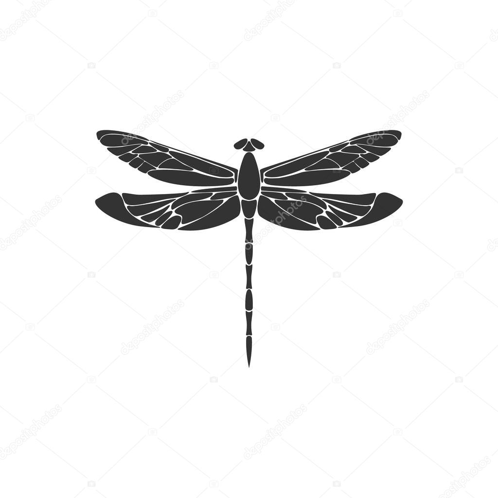 Dragonfly. Black dragonfly sign on white background. Flat design. Silhouette icon. Vector illustration